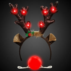 LED Reindeer Kit - Light Up Antlers Headband & Red Nose