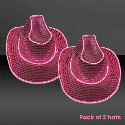 LED Flashing Pink EL Wire Sequin Cowboy Party Hat - Pack of 2 Hats