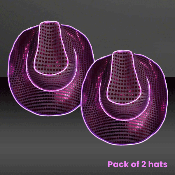 LED Flashing Purple EL Wire Sequin Cowboy Party Hat - Pack of 2 Hats
