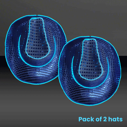 LED Flashing Blue EL Wire Sequin Cowboy Party Hat - Pack of 2 Hats