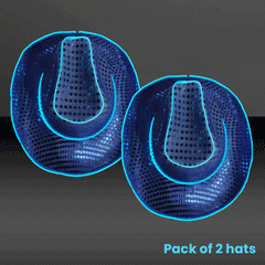 LED Flashing Neon Blue EL Wire Sequin Cowboy Party Hat - Pack of 2 Hats