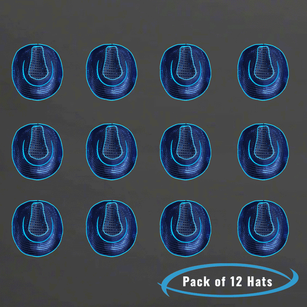 LED Flashing Neon EL Wire Blue Sequin Cowboy Party Hat - Pack of 12 Hats