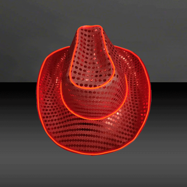 Red LED Flashing Neon Glow EL Wire Sequin Cowboy Party Hat