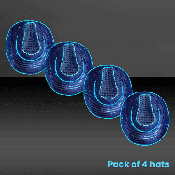 LED Flashing Blue EL Wire Sequin Cowboy Party Hat - Pack of 4 Hats