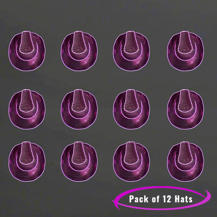 LED Flashing Purple EL Wire Sequin Cowboy Party Hat - Pack of 12 Hats