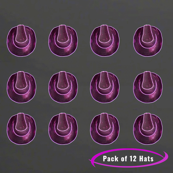LED Flashing Neon Purple EL Wire Sequin Cowboy Party Hat - Pack of 12 Hats
