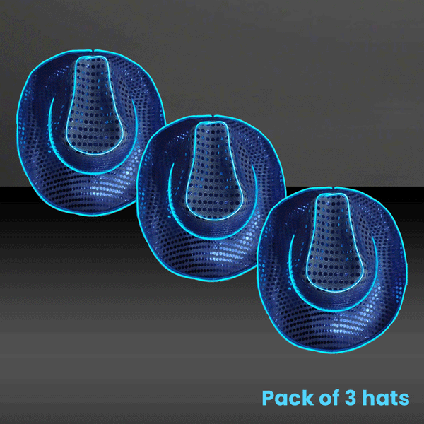 LED Flashing Blue EL Wire Sequin Cowboy Party Hat - Pack of 3 Hats