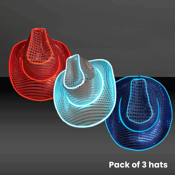 Patriotic LED Light Up Flashing Neon EL Wire Sequin Cowboy Party Hats - Pack of 3