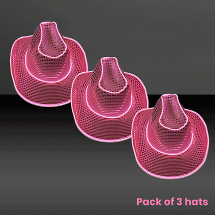 LED Flashing Pink EL Wire Sequin Cowboy Party Hat - Pack of 3 Hats