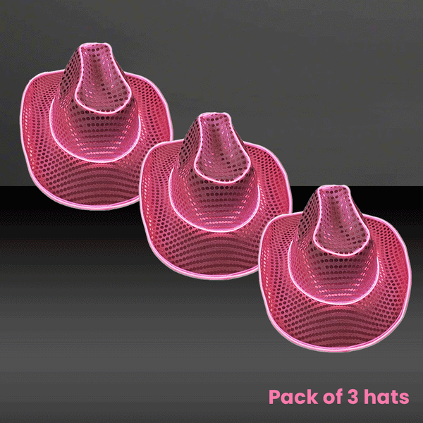 LED Flashing Neon Pink EL Wire Sequin Cowboy Party Hat - Pack of 3 Hats