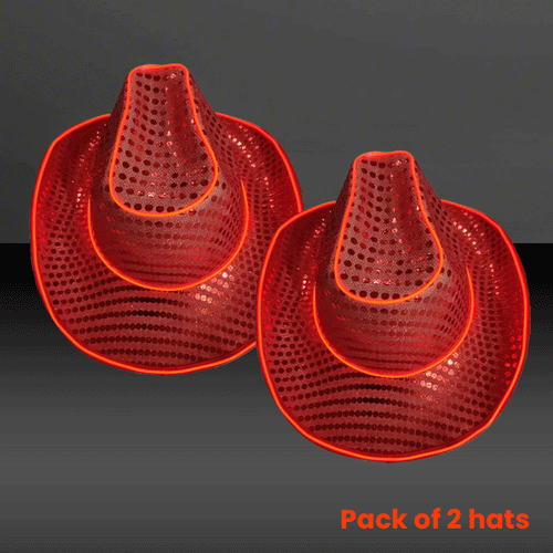 LED Flashing Neon Red EL Wire Sequin Cowboy Party Hat - Pack of 2 Hats