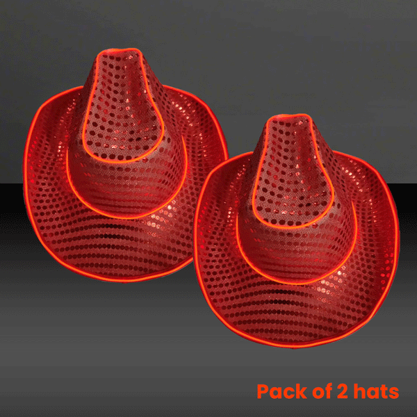 LED Flashing Red EL Wire Sequin Cowboy Party Hat - Pack of 2 Hats