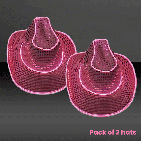 LED Flashing Pink EL Wire Sequin Cowboy Party Hat - Pack of 2 Hats
