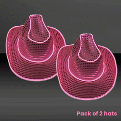 LED Flashing Neon Pink EL Wire Sequin Cowboy Party Hat - Pack of 2 Hats