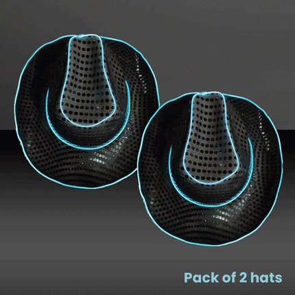 LED Flashing Black EL Wire Sequin Cowboy Party Hat - Pack of 2 Hats