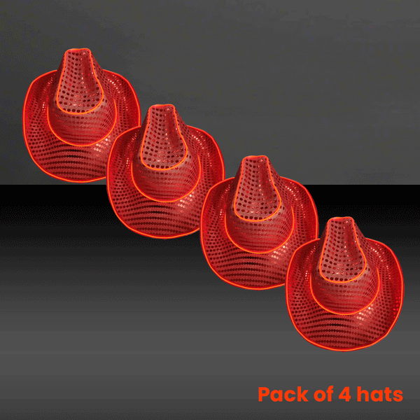 LED Flashing Red EL Wire Sequin Cowboy Party Hat - Pack of 4 Hats