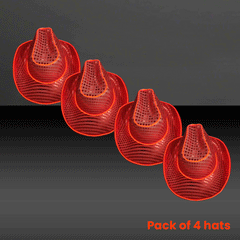 LED Flashing Neon Red EL Wire Sequin Cowboy Party Hat - Pack of 4 Hats