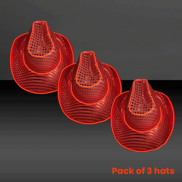 LED Flashing Red EL Wire Sequin Cowboy Party Hat - Pack of 3 Hats