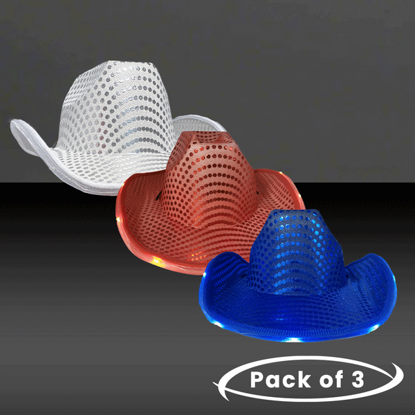 LED Light Up Flashing Patriotic Red White And Blue Sequin Cowboy Hats - Pack of 3