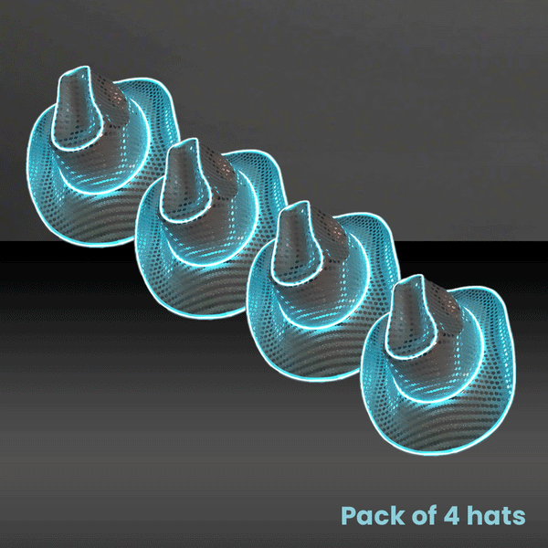 LED Flashing EL Wire Sequin White Cowboy Party Hat - Pack of 4 Hats