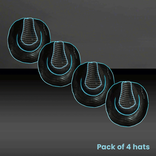 LED Flashing Black EL Wire Sequin Cowboy Party Hat - Pack of 4 Hats