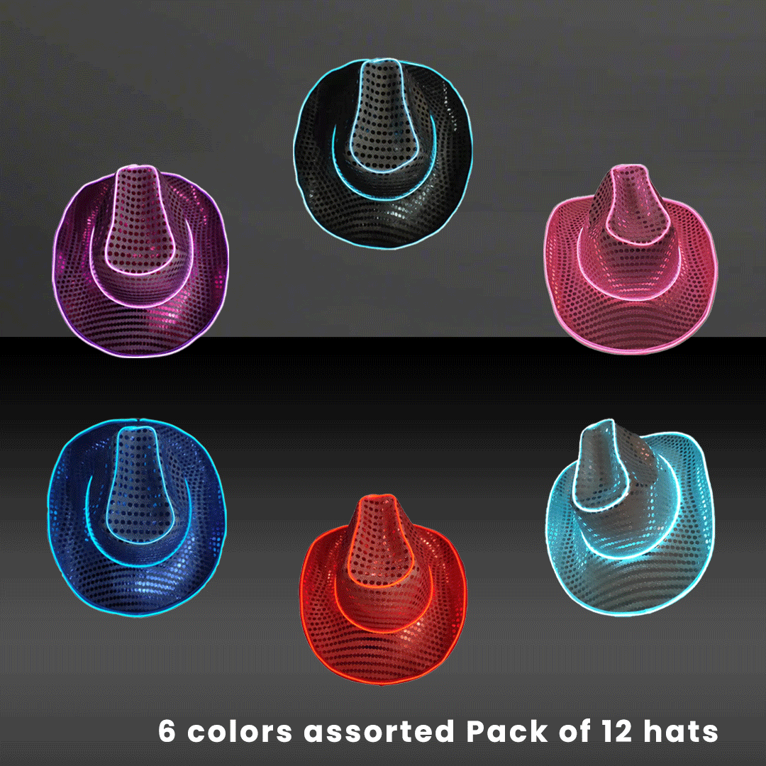 Light Up EL Wire Sequin Cowboy Hats - 12 Assorted Colors Pack