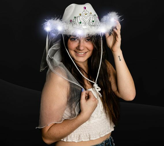 White LED Light Up Bridal Cowgirl Hat With Tiara & Veil  display picture 1