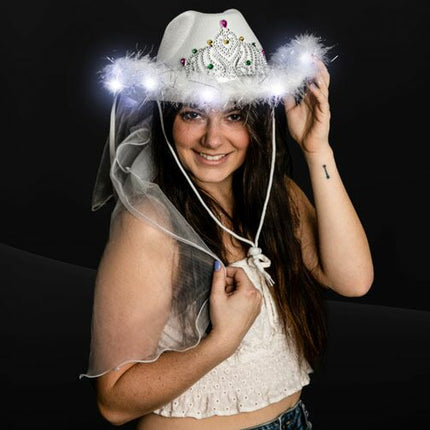 White LED Light Up Bridal Cowgirl Hat With Veil