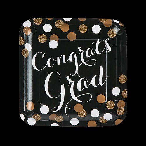 Black & Gold Congrats Grad Square Paper Dinner Plates