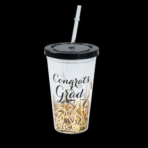 16 Oz Black & Gold Graduation Tumbler with Straw & Lid