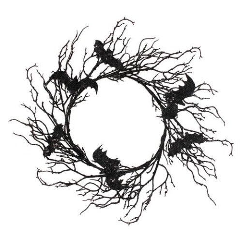 Halloween Black Glitter Branch Wreath With Bats 18
