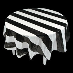 Black & White Stripe Round Plastic Tablecloth