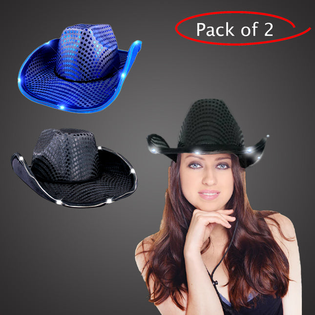 LED Light Up Flashing Sequin Black & Blue Cowboy Hat - Pack of 2 Hats