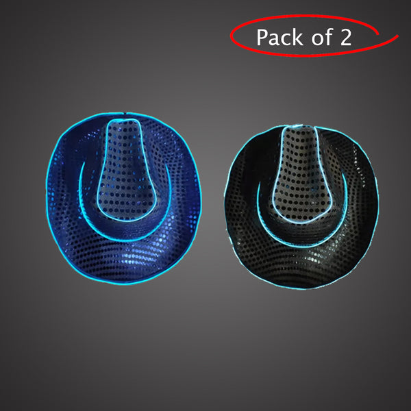LED Light Up Flashing Neon EL Wire Sequin Black & Blue Cowboy Party Hat - Pack of 2 Hats