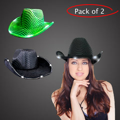 LED Light Up Flashing Sequin Black & Green Cowboy Hat - Pack of 2 Hats