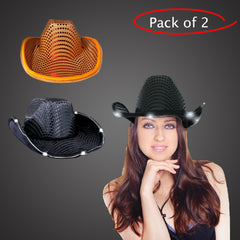 LED Light Up Flashing Sequin Black & Orange Cowboy Hat - Pack of 2 Hats