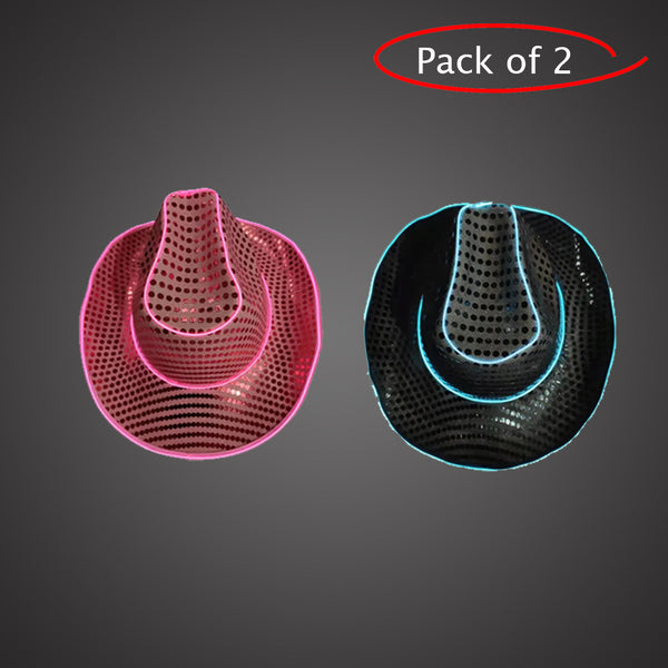 LED Light Up Flashing Neon EL Wire Sequin Black & Pink Cowboy Party Hat - Pack of 2 Hats