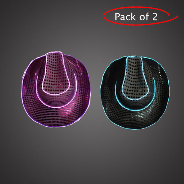 LED Light Up Flashing Neon EL Wire Sequin Black & Purple Cowboy Party Hat - Pack of 2 Hats