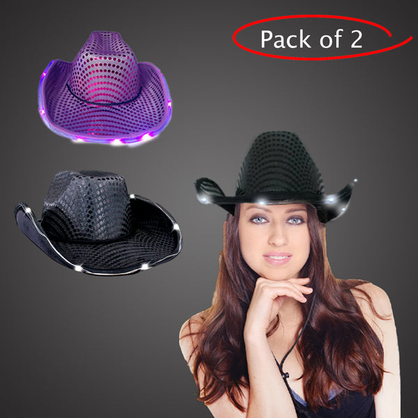 LED Light Up Flashing Sequin Black & Purple Cowboy Hat - Pack of 2 Hats