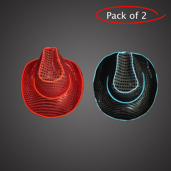 LED Light Up Flashing Neon EL Wire Sequin Black & Red Cowboy Party Hat - Pack of 2 Hats