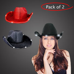 LED Light Up Flashing Sequin Black & Red Cowboy Hat - Pack of 2 Hats