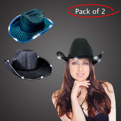 LED Light Up Flashing Sequin Black & Teal Cowboy Hat - Pack of 2 Hats