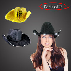 LED Light Up Flashing Sequin Black & Gold Cowboy Hat - Pack of 2 Hats