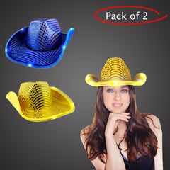 LED Light Up Flashing Sequin Blue & Gold Cowboy Hat - Pack of 2 Hats