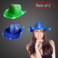 LED Light Up Flashing Sequin Blue & Green Cowboy Hat - Pack of 2 Hats