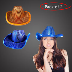 LED Light Up Flashing Sequin Blue & Orange Cowboy Hat - Pack of 2 Hats