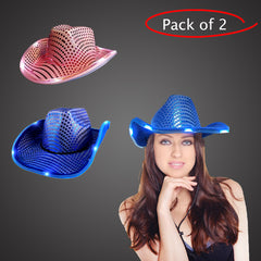 LED Light Up Flashing Sequin Blue & Pink Cowboy Hat - Pack of 2 Hats