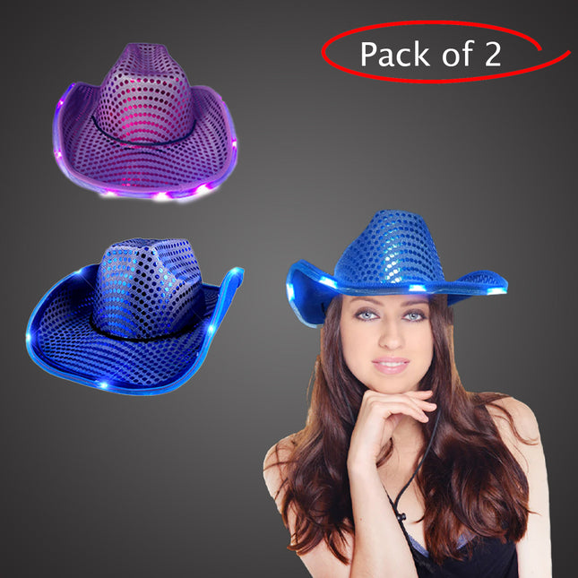 LED Light Up Flashing Sequin Blue & Purple Cowboy Hat - Pack of 2 Hats