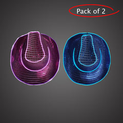 LED Light Up Flashing Neon EL Wire Sequin Blue & Purple Cowboy Party Hat - Pack of 2 Hats