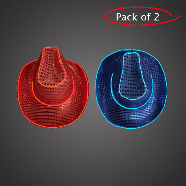 LED Light Up Flashing Neon EL Wire Sequin Blue & Red Cowboy Party Hat - Pack of 2 Hats